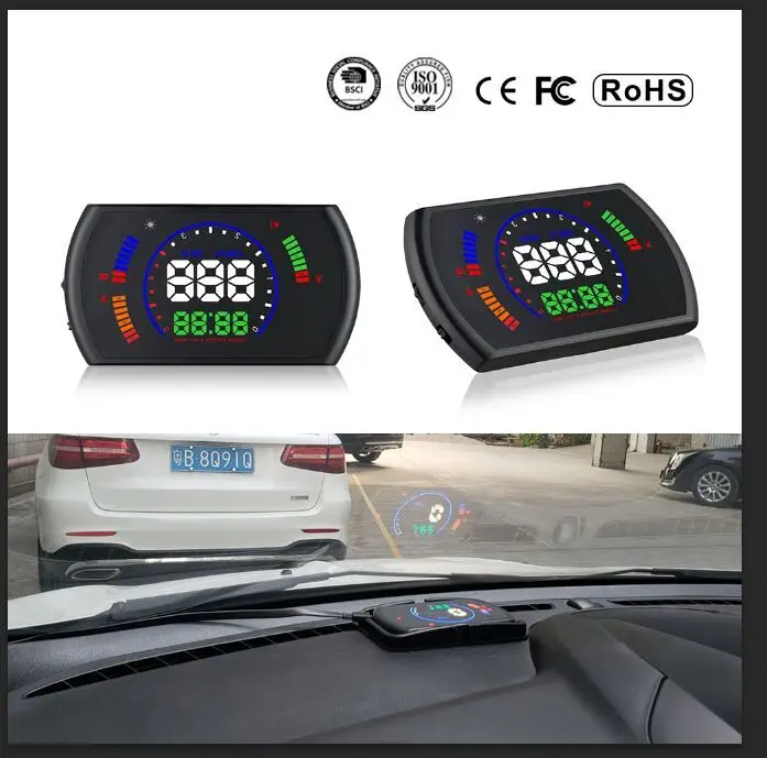 

Dashboard Multiple Display OBD2 HUD Head Up Engine RPM Speed Gauge Water Temp Driving Time With Alarm Buzz Reflection HUD Mode