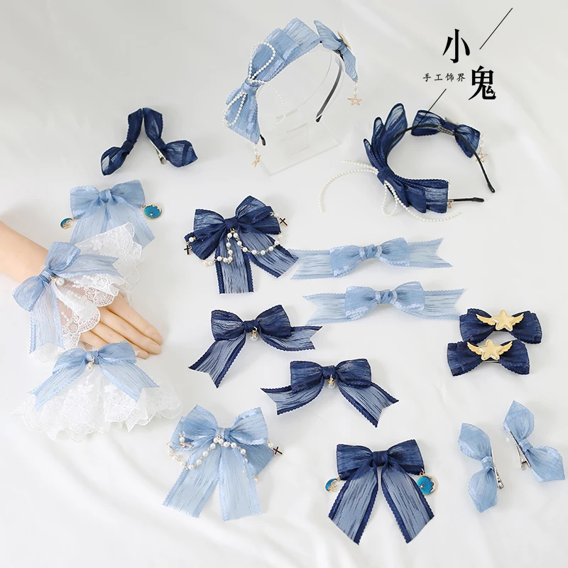 Dark Blue Lolita Bow Headdress Oversleeves Top Clip Side Clip Silk Yarn Headband Hairpin KC Hairpin Hair Ornaments