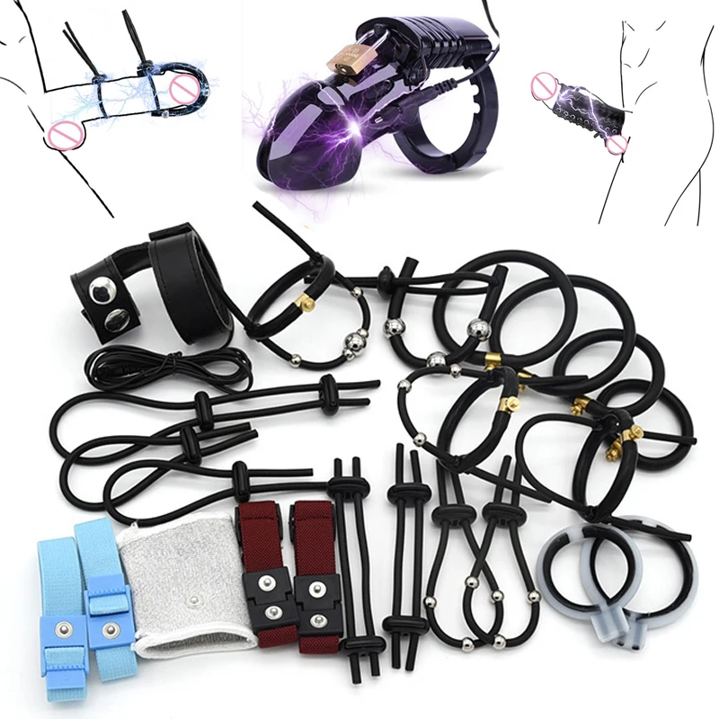 Strongest BDSM Power Box,Cable,Electro Shock Penis Ring,Electro Stimulate Massage Glans Trainer Cock Cage Penis Plug,Men Sex Toy