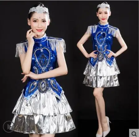 

2019 Blue Red Stones Tassel Dress Modern Dance Outfit Jazz Dance Costume Prom Bar Women Singer Show Sequins Dresses