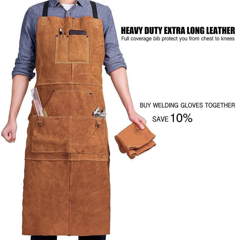 

Leather Welding Apron Heat Flame-Resistant Heavy Duty Work Forge Apron With 6 Pockets 42Inch Large