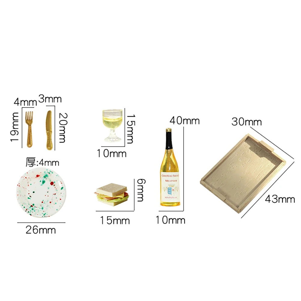 7Pcs 1/12 Dollhouse Miniature Accessories Mini Wine Bottle Sandwich Knife Fork Set Simulation Drinks Model Doll House Decoration