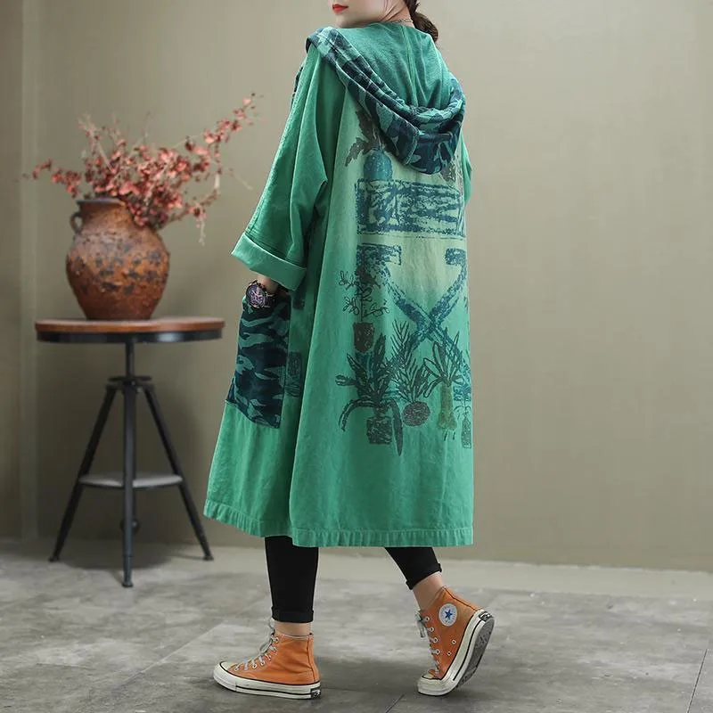 Spring Autumn New Arts Style Women Long Sleeve Loose Trench Coat Vintage Print Cotton Denim Hooded Long Coat High Quality M240