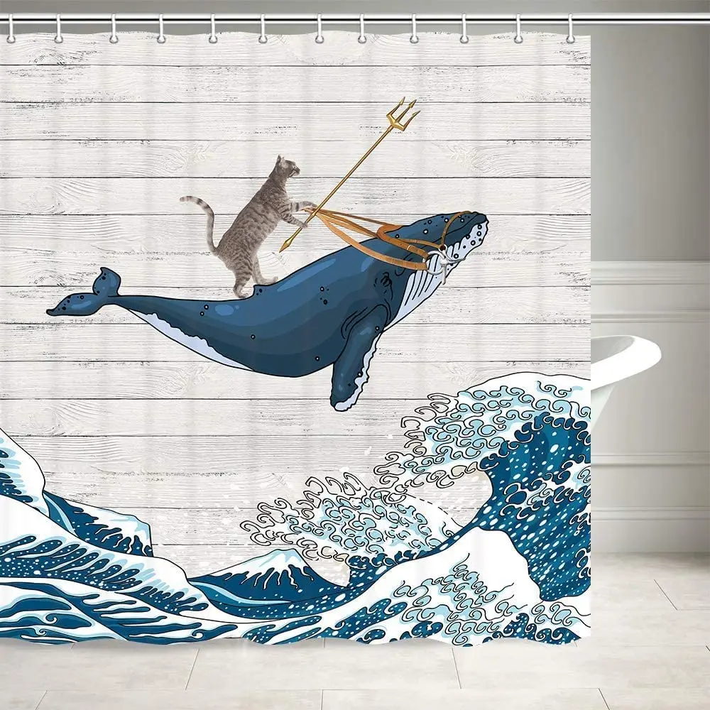 Funny Cat Riding Whale in Ocean Wave on Vintage Wooden Bathroom Curtains Vintage Kanagawa Japanese Wave Art