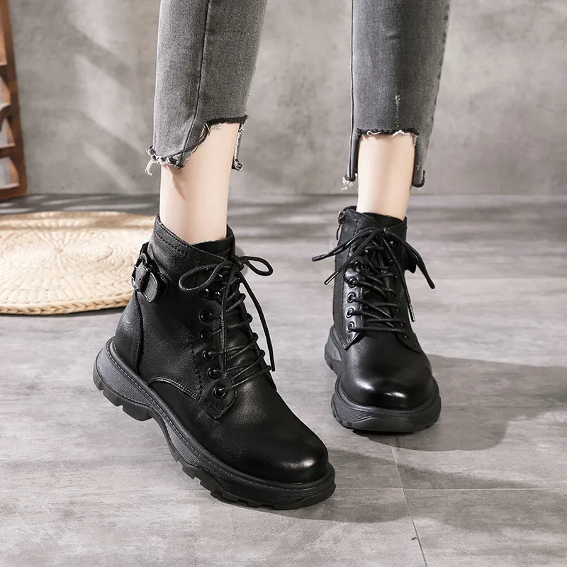 Ladies Lace Up Boots Women Round Toe Side Zipper Buckle Design Winter Genuine Leather Ankle Boots