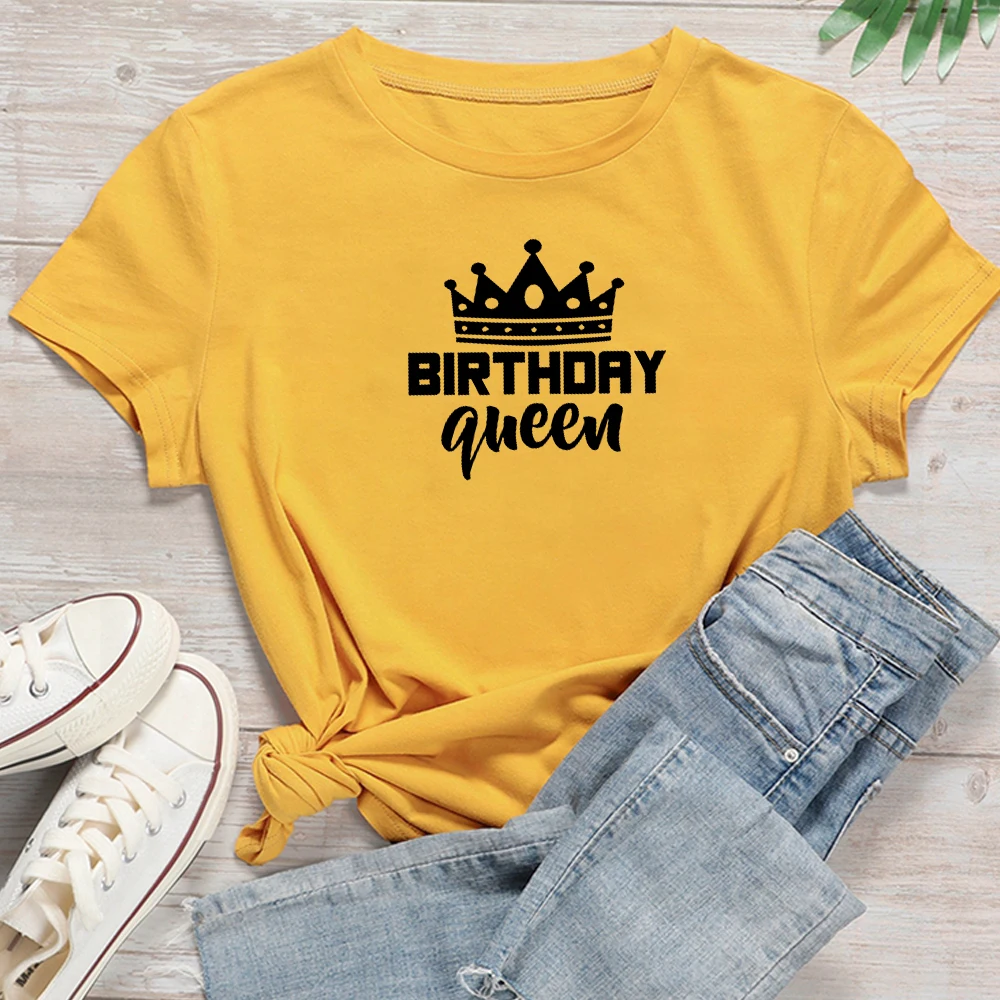 Verjaardag Koningin Brief Print Vrouwen Korte Mouw T-shirt Katoen Causale Grafische Tee Oversized Tops Verjaardagsfeestje T-shirt Voor meisjes