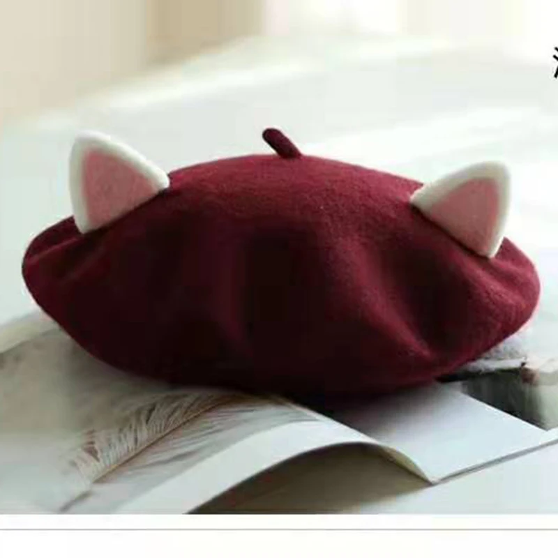 VISROVER New Unisex Kid Beret Cute Cat Shape Hat Winter Cap Autumn Punk Beret Hat Rabbit Solid Children Wholesale Beret Gift