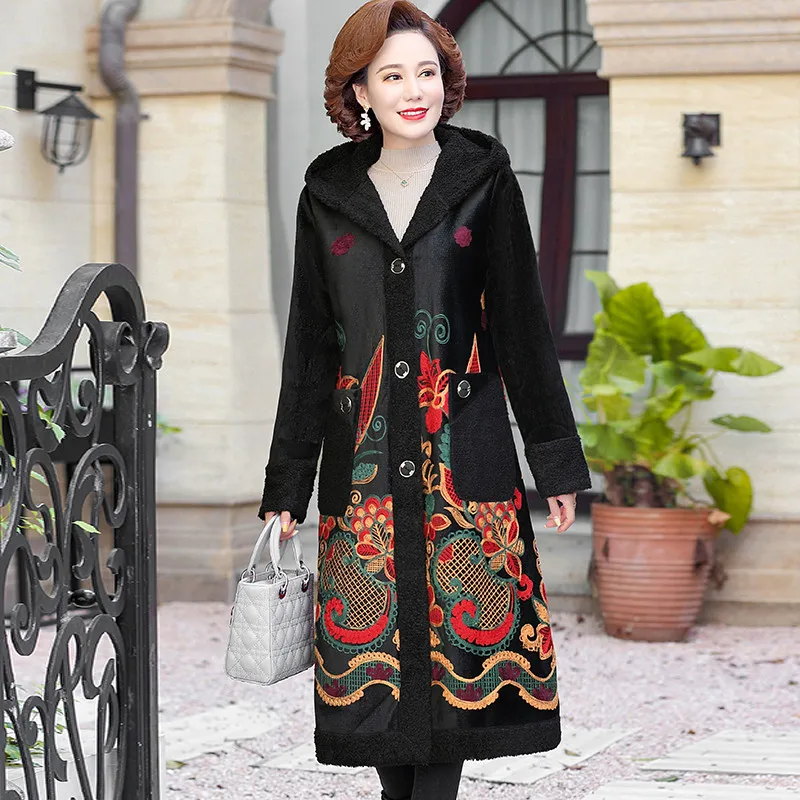 2021 Autumn winter women\'s Embroidery flowers plush velvet Thick Long Jacket Overcoat Female retro hooded Warm Trench Coats