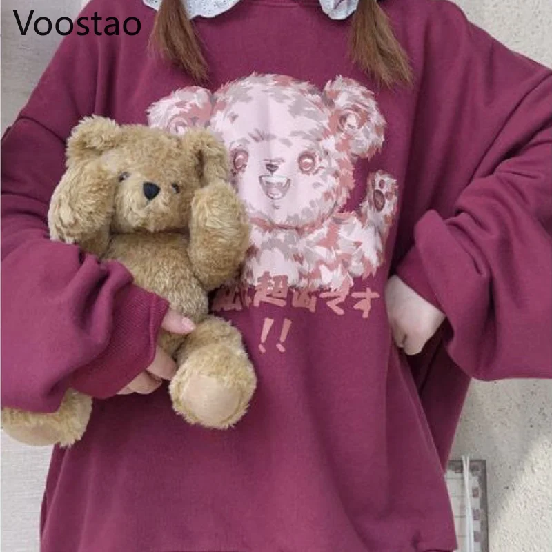 Japanese Autumn Sweet Cartoon Bear Print JK Sweatshirt Girls Kawaii Loose Lolita Hoodies Spring Women Harajuku Pullover Coats