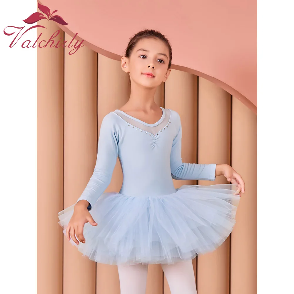 Simple Ballet Dance Dress Tight-Fitting Long Sleeved  Mesh Jumpsuit Practice Clothes Girls Tutu Skirt