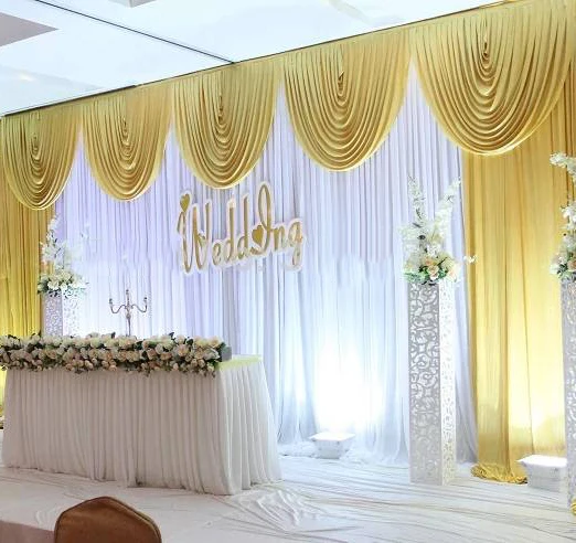 

3x6m white and bright yellow gold wedding backdrop curtain with swag wedding drapes