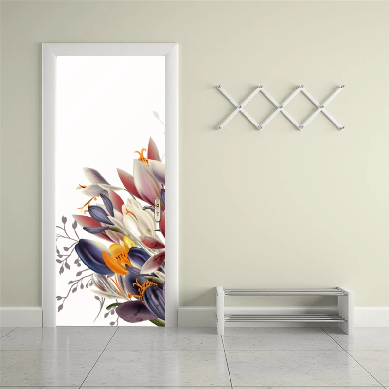 Self-adhesive abstract flower art door stickers home decoration door cover wall stickers mural porch wallpaper poster