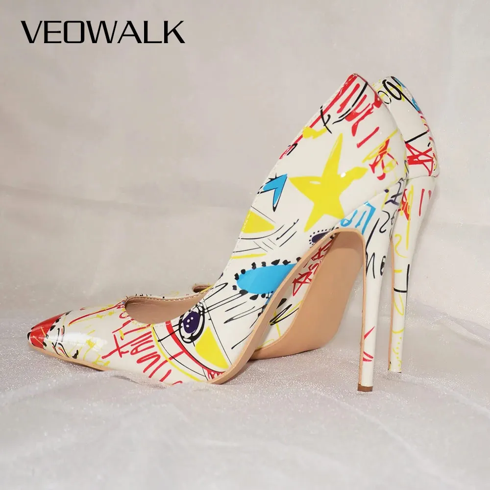 Veowalk Artistic Graffiti Printed Women Sexy Stiletto High Heels Ladies Wedding Party Pointed Toe Pumps Shoes Customized Accept