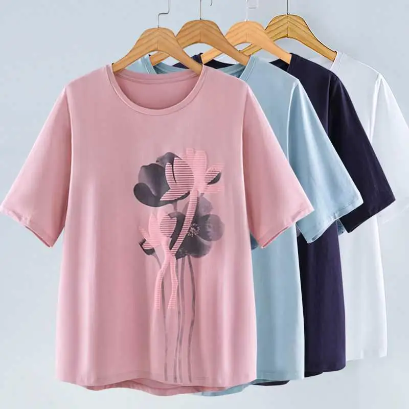 2023 Summer Women's T Shirt Tops Tee Cotton Loose Short Sleeve Tees Famale White Printing T-shirt Basic Plus Size 4XL