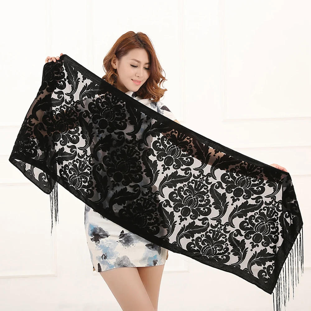 Floral Peacock Scarf Winter Mix Design Burnout Velvet Scarf Women Sexy Leopard Black Muslim Hijab Poncho