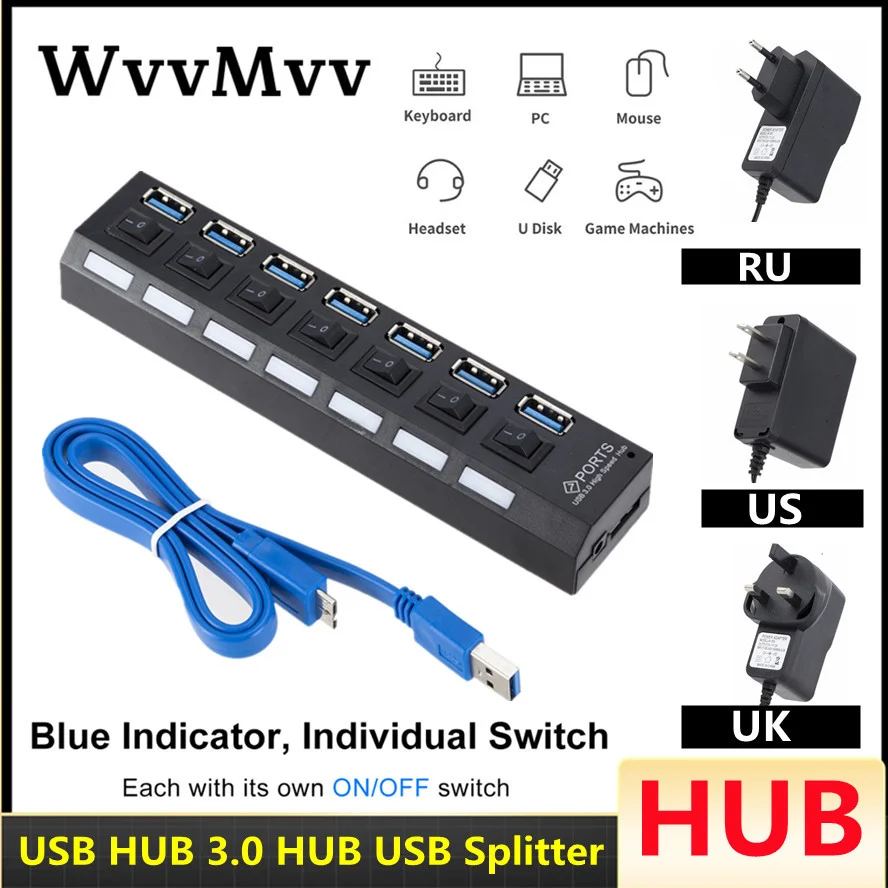 Hub USB com interruptor para PC, multi divisor, adaptador de energia, 7 portas expansor múltiplo, USB 3.0, 3 Hub uso, USB 3.0