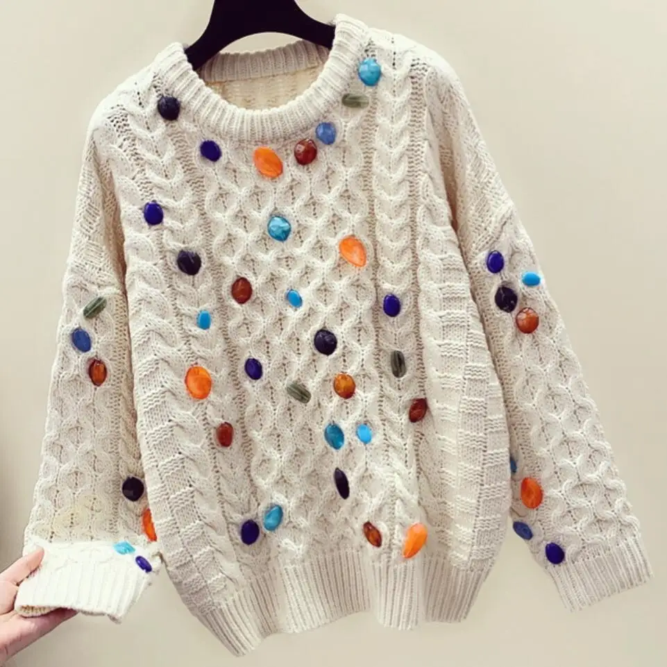 Heavy industry colored gem inlaid sweater women autumn winter fashion pullover twist knitted sweater