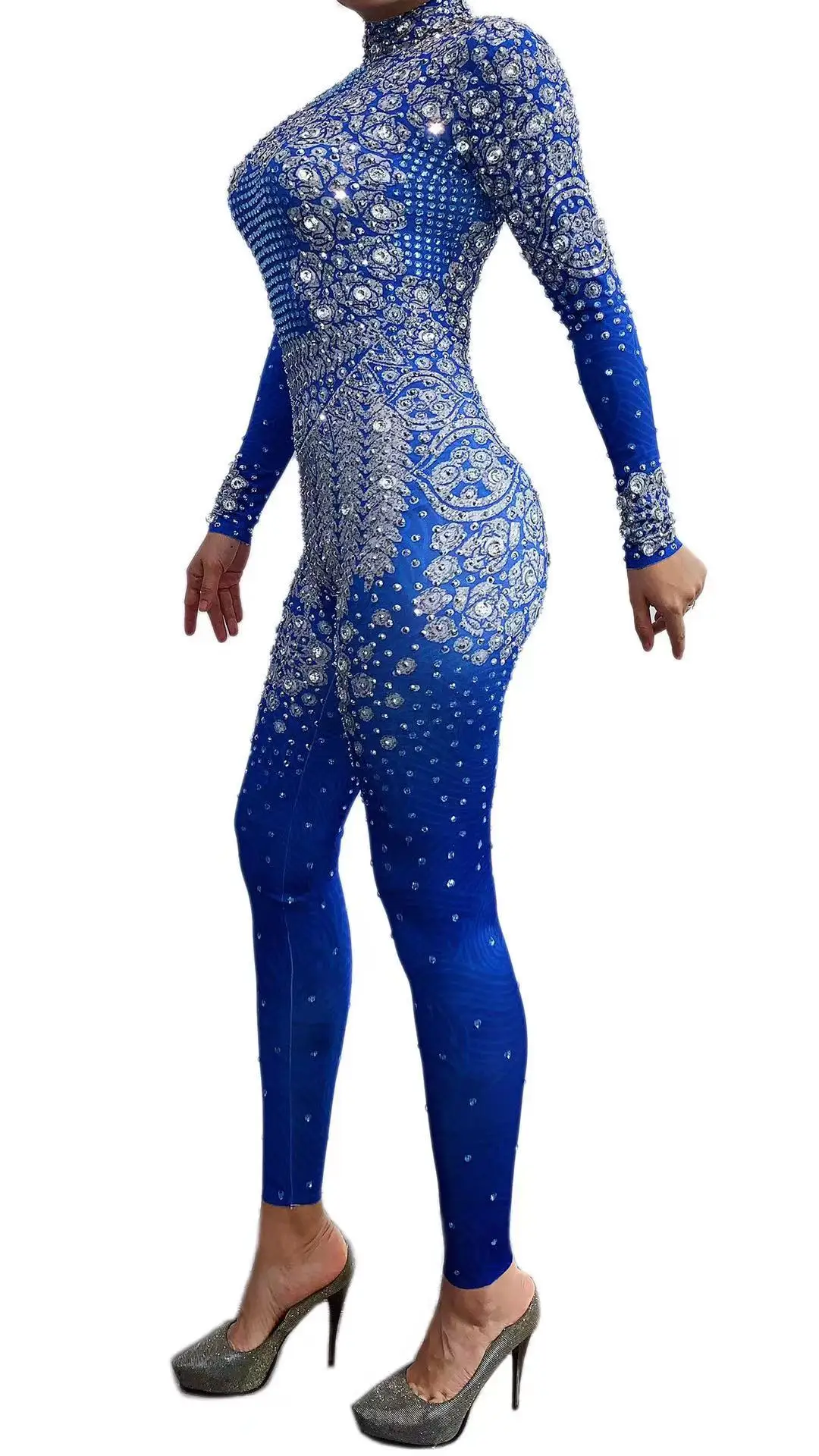 Vintage blu argento strass tuta donna compleanno celebrare festa serale cantante pagliaccetti discoteca Bar Stage Wear