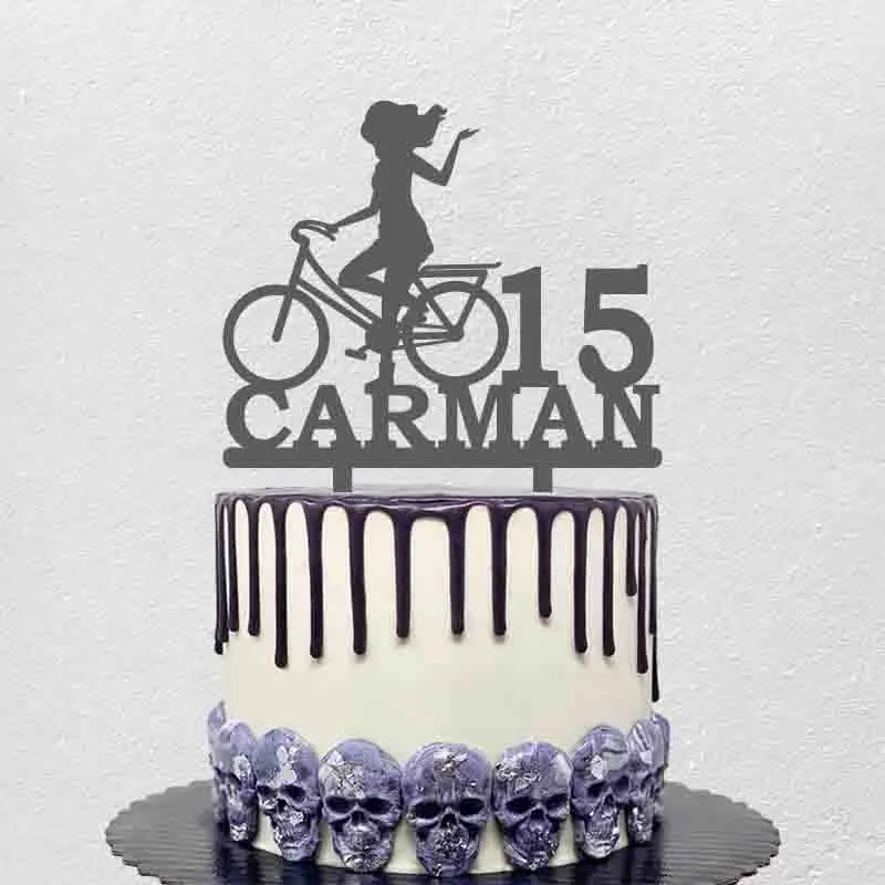 Personalized Cycling Cake Topper Custom Name Age Woman Riding Bicycle For Cycling Fans Birthday Party Cake Decoration Topper