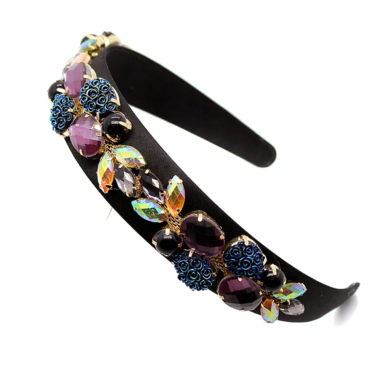 Vintage Baroque Black Purple Rhinestone Hairbands Flower Crystal Headbands For Women Luxurious Hair Accessories Jewelry