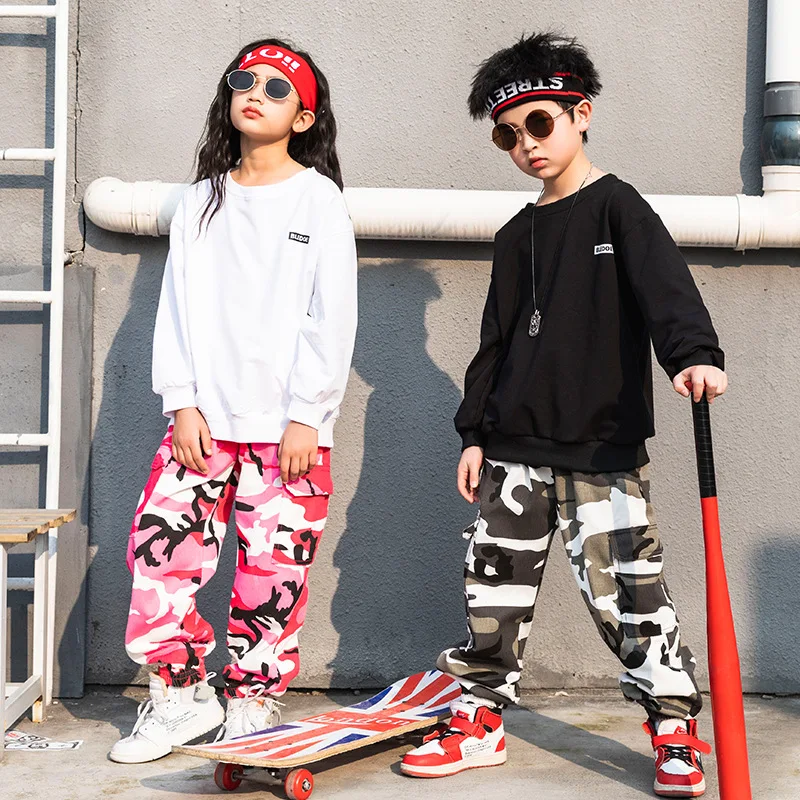 

Boys Hip Hop Camouflage Pants Girls Jogger 2 Pcs Set Kids Sweatshirt Dance Clothes Teens Jazz Street Children Costume Streetwear