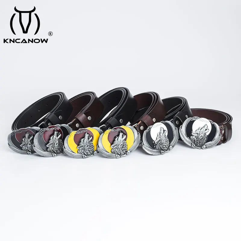 Men\'s Outdoors Genuine Leather Belt Wolf Metal Buckle Western Cowboy Cowgirl Clothing Accessories Fit For 4cm Width Punk Strap