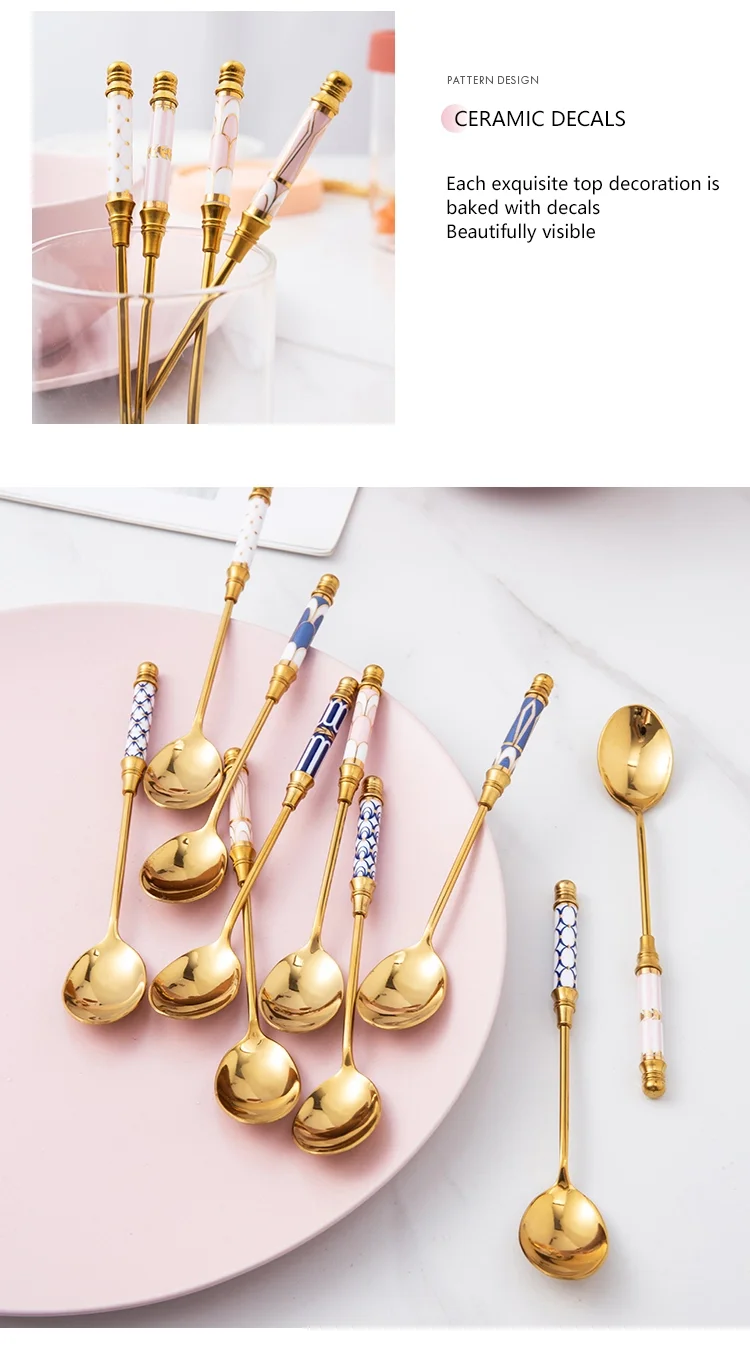 Edelstahl Dessert Löffel Keramik Langen Griff Eis Löffel Teelöffel Gold Kaffee Kuchen Obst Milch Löffel Küche Geschirr – Detail 6