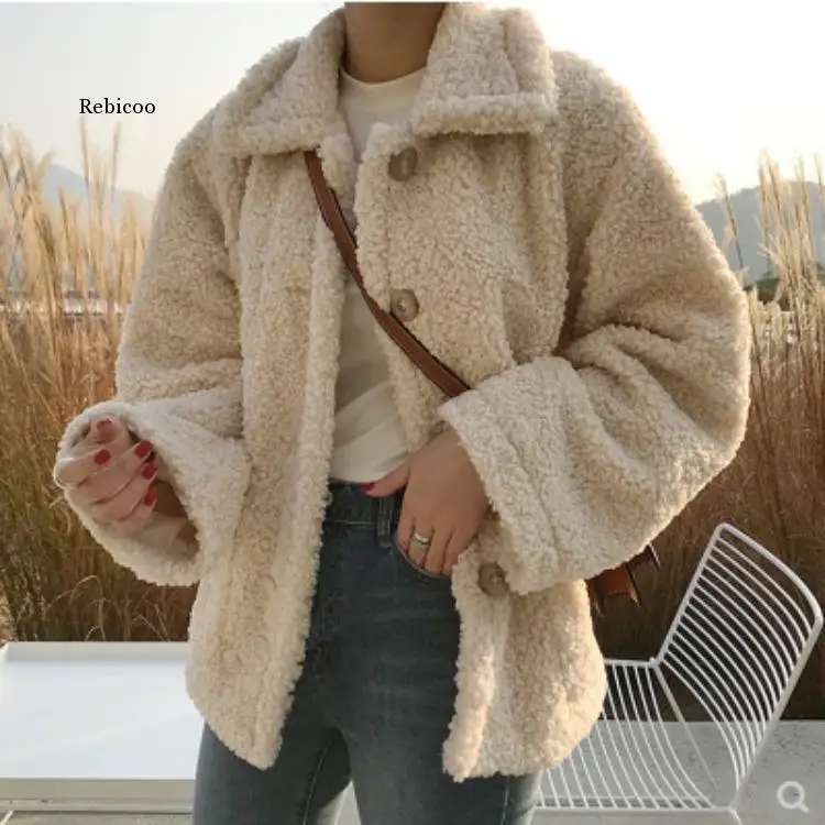 Faux Fur Thick Coat for Women Autumn Warm Soft Loose Fur Jacket Female Outerwear Button Plush Ladies Casual Winter Overcoat