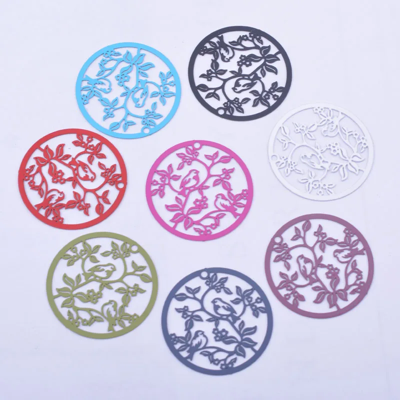 30pcs AB6630 30mm Painted Round Birds In The Tree Design Charms Filigree Jewelry  Earring Findings