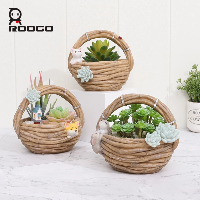 

Roogo Creative Imitation Rattan Basket Flowerpot Cute Animals Home Garden Decor Balcony Bonsai Succulent Plant Pot