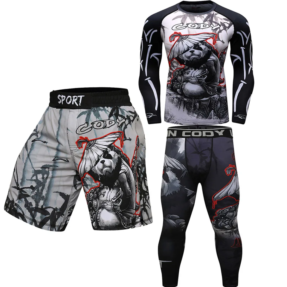 Brand New Men Gym Suits Fighting panda Sportswear Compression MMA Suits Running Fitness Tight Sport Suit Outdoor Jogging set