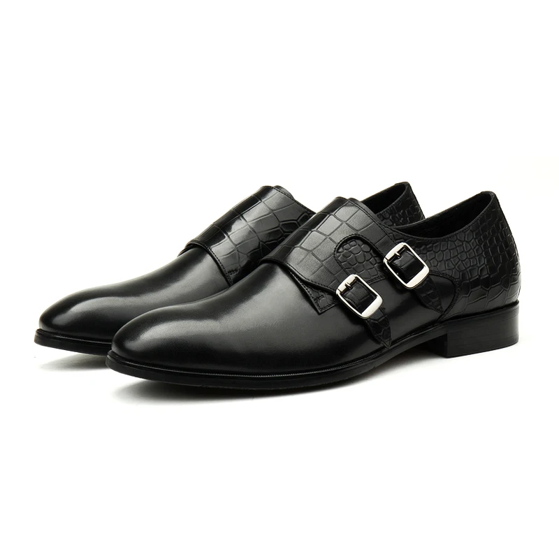

Large Size EUR45 Double Buckle Black Mens Casual Business Shoes Genuine Leather Wedding Dress Shoes