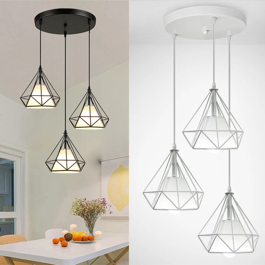 

Round 3-Heads LED Pendant Light Modern Dining E27 Lampshade for Coffee Bar Hanging Lights Nordic Iron Diamond Pendent Lamp