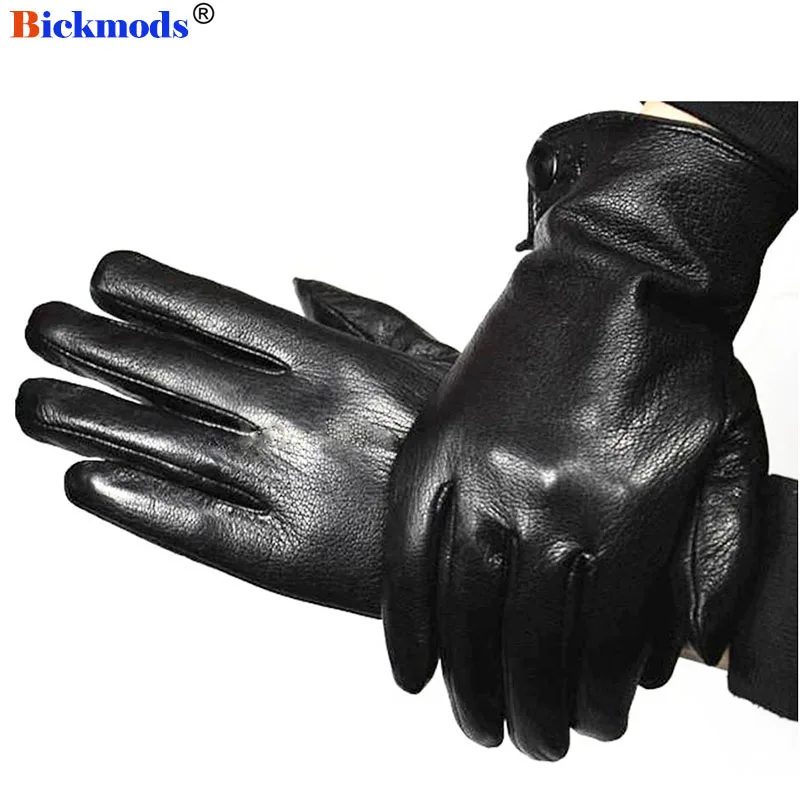 Deerskin Gloves Men\'s Leather Straight Style Thick Imitation Rabbit Hair Lining Autumn and Winter Cold Warm Outdoor Riding