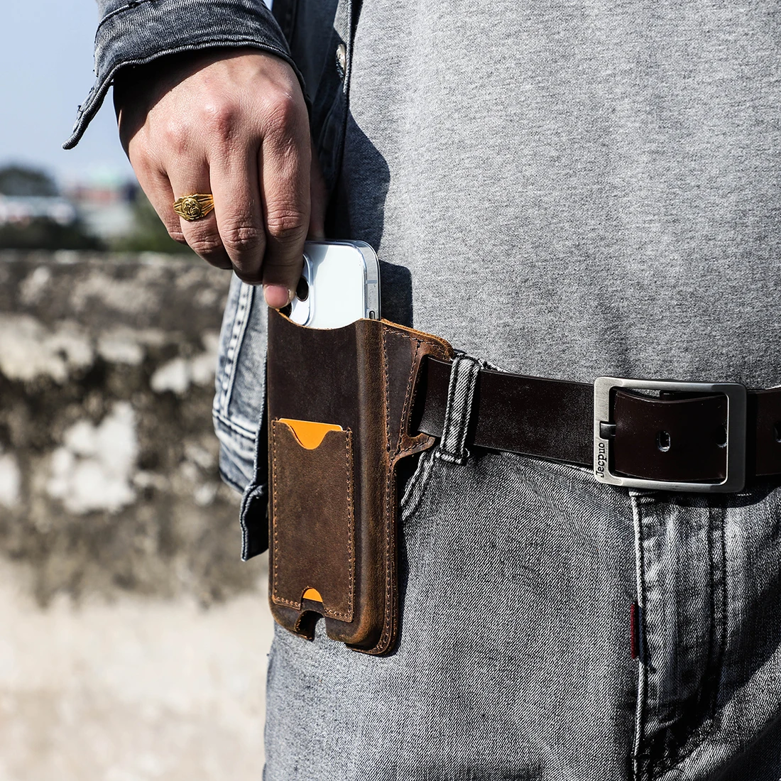 Mobile Phone Waist Bag Men\'s Belt Fanny Running Pocket 100%Cow Leather Handmade Cellphone Waist Bag Loop Holster Outdoor Sport