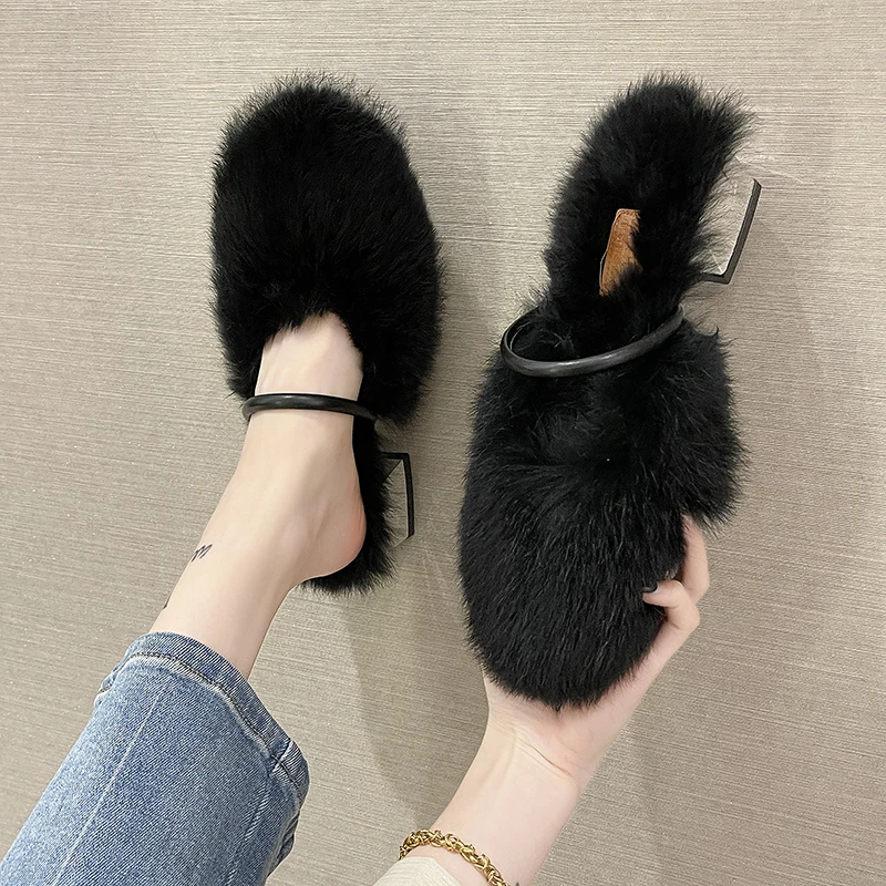 Rimocy Comfortable Soft Fur Mules Slippers Women Autumn Winter Square Heels Warm Plush Slippers Woman High Heel Faux Fur Slides