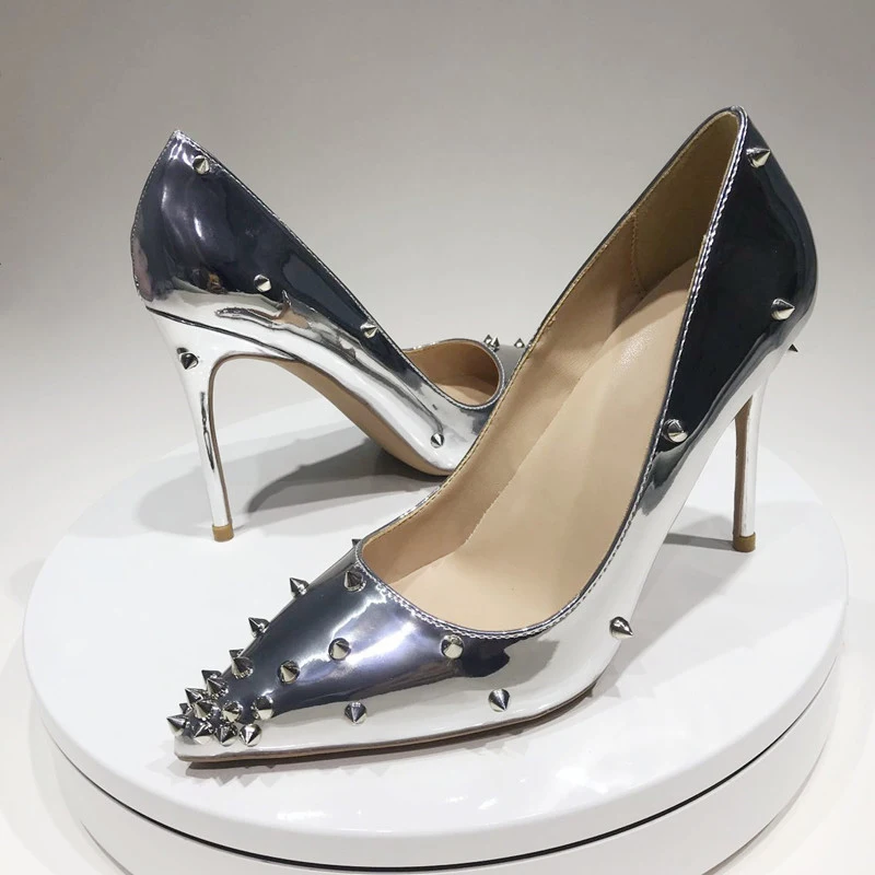 

Shiny Silver Rivets Pumps Women Shoes Sexy 12cm High Heel Shoes Pointed Toe Fashion Women Party Wedding Shoes MD039 ROVICIYA