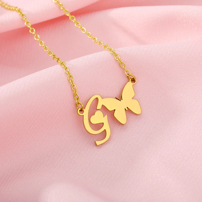 Minimalism Cute Butterfly Necklaces For Women Boho Jewelry Stainless Steel Gold Color Alphabet Letter Animal Pendants Necklaces