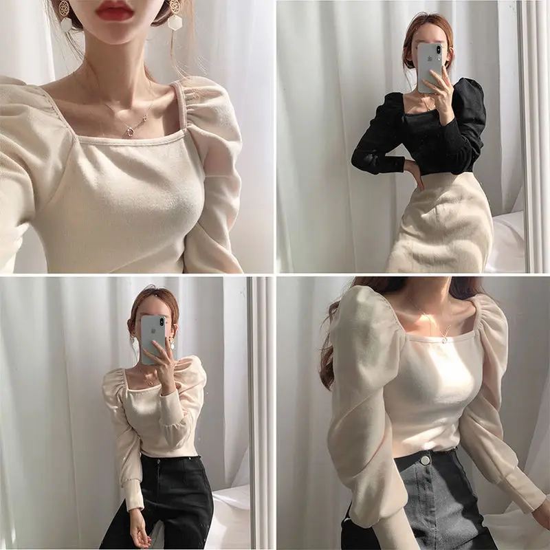 Woherb 2024 Women Fashion Puff Sleeve Basic Knitting Sweater Autumn Solid Casual Slim-fit Knitted Pullover Korean Vintage Jumper