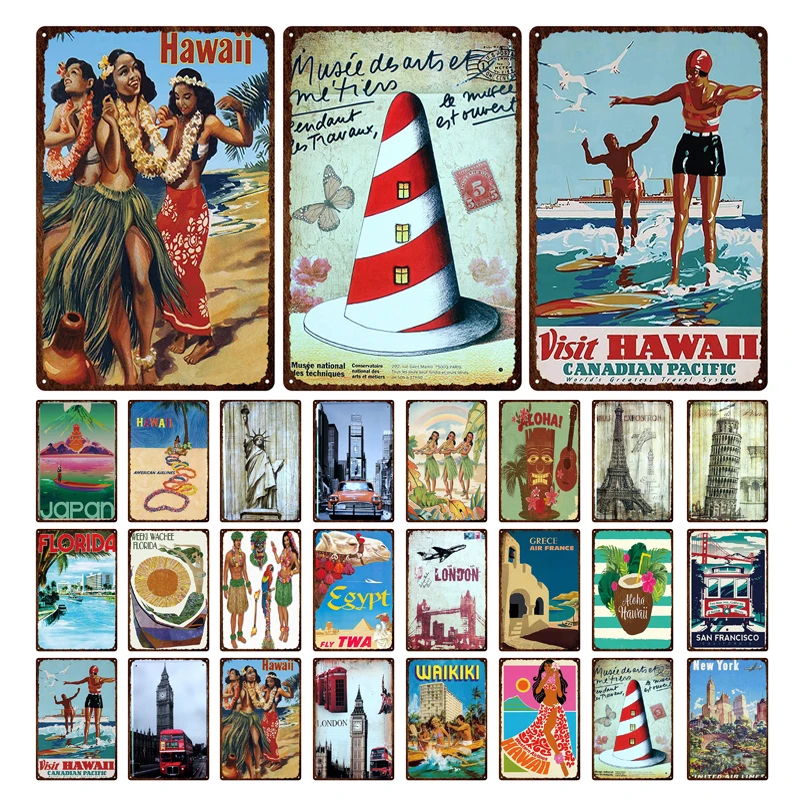 Hawaii Waikiki Seaside Landscape Metal Tin Sign Famous Tourist City Retro Surfing/Car Decorative Plaque Iron Painting 20*30cm