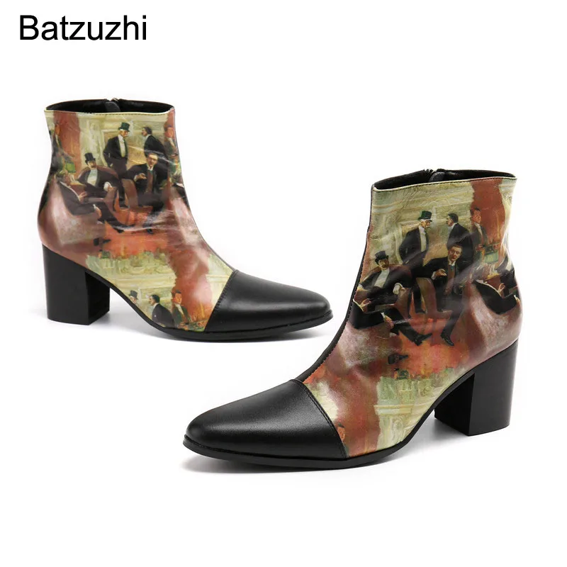 

Batzuzhi British Style Men's Shoes Pointed Toe Fashion Personality Black Print Short Boots Men Knight/Party/Show Botas Hombre!