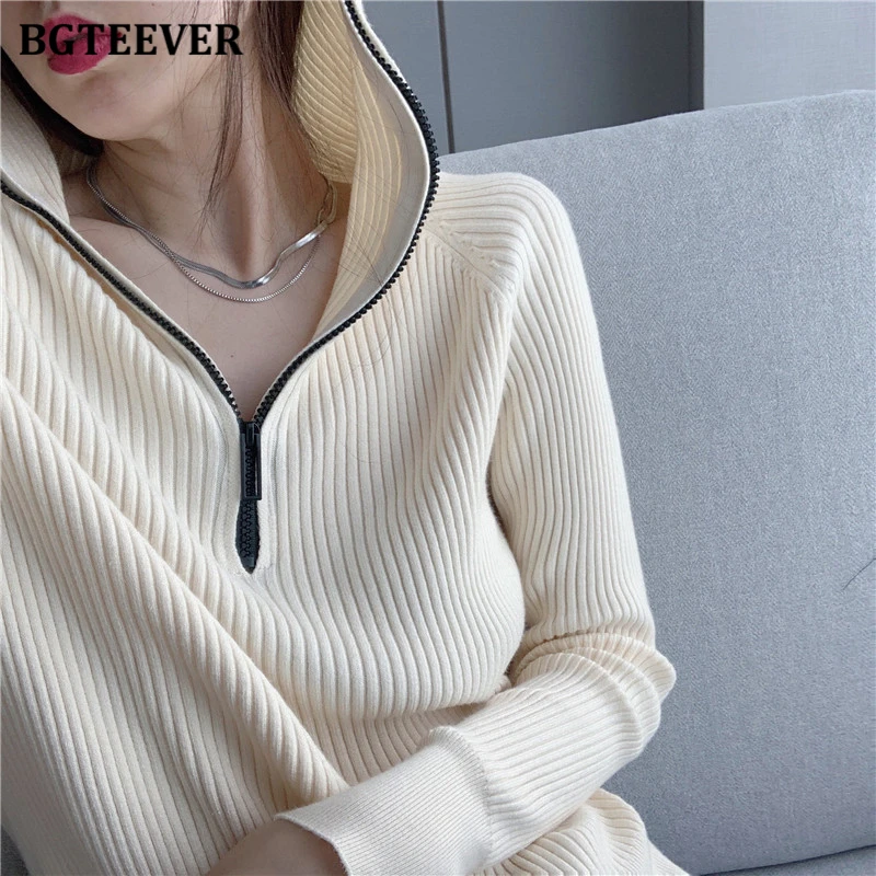 BGTEEVER Chic Hooded Zippers Ladies Knitted Sweaters Full Sleeve Loose Solid Female Pullovers Jumpers 2021 Autumn Winter