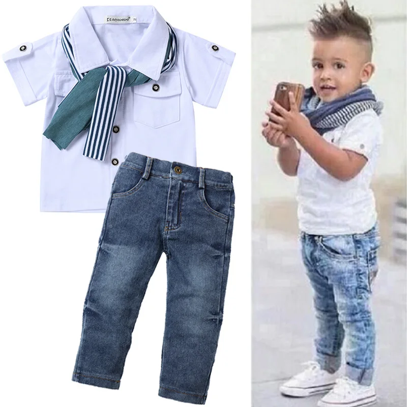 2022 New Spring Boys Clothing Sets Short T-shirt + Jeans + Scarf 3Pcs Kids Suit For 2-6 Years Old Children Birthday Present