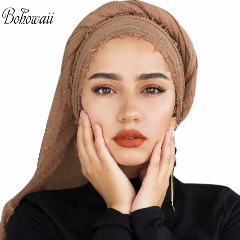 BOHOWAII Classic Turban Femme Solid color Crinkle Turbantes Cabeza Para Las Mujeres 180*100 CM Large Muslim Scarf Hijabs