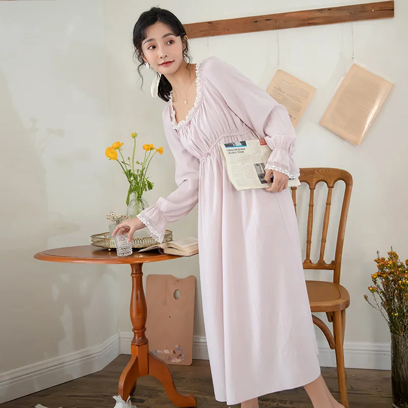 Vintage Nightgowns Satin Robe Women Autumn Long Night Dress Victorian Romantic Sleepwear Lace Peignoir Large Size Sexy Nightwear