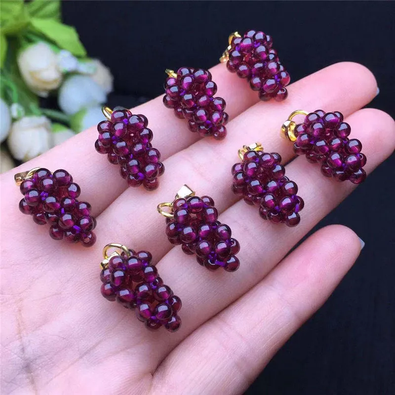 Natural Stone Pendant Garnet Small Grape Pendant purple Hand-woven 14K Gold Button Accessories Jewelry