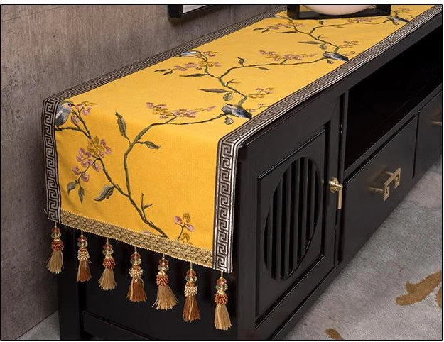 Custom Fine Embroidery Flower Birds TV Cabinet Dust Protection Cover Cotton Linen Tea Side Table Runner Universal Covers Cloth