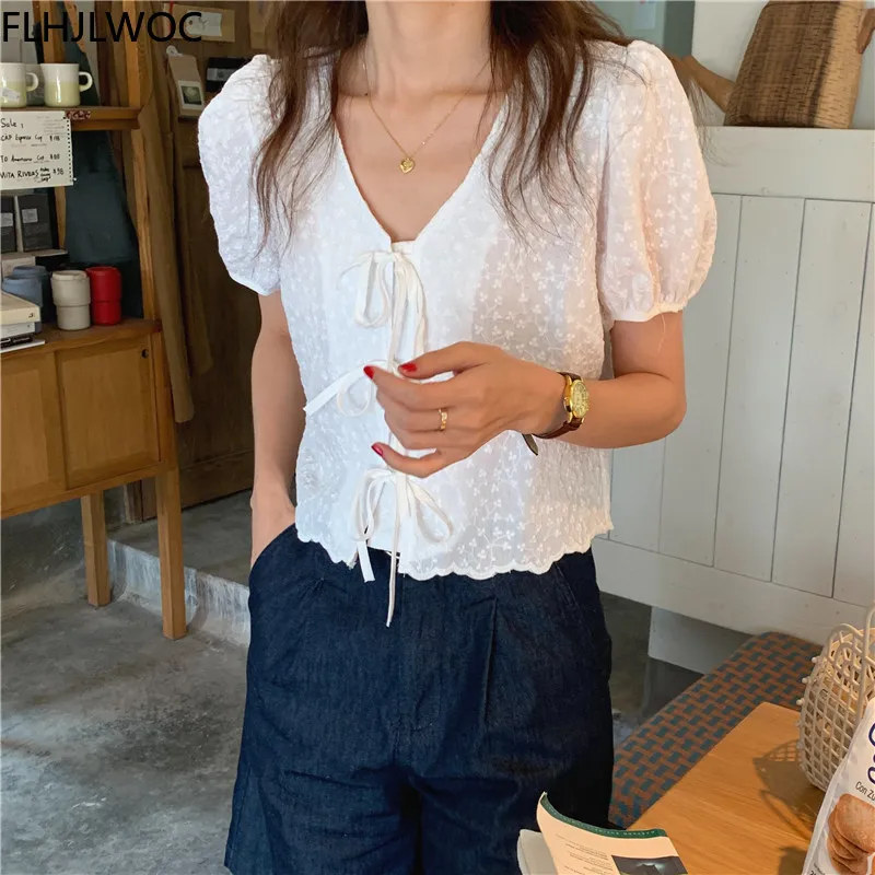 Cute 2021 Summer Chic Korea Short Crop Top Blusas Women Fashion Japanese Preppy Style Girls Cute White Lace Shirts