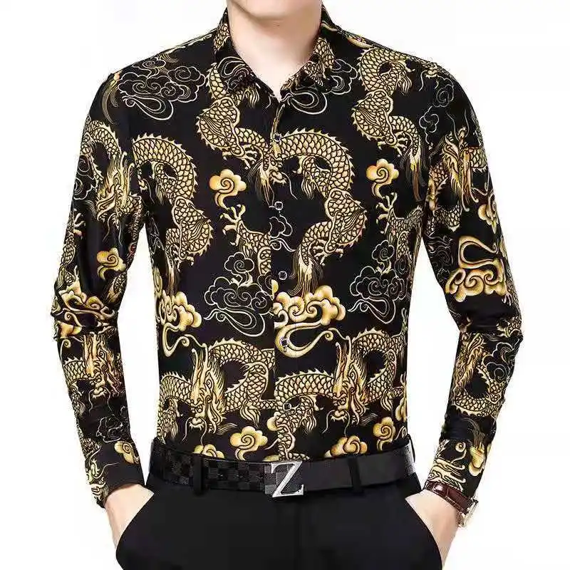 

Spring And Autumn New Men's Long-sleeved Printing Casual Thin Middle-aged And Elderly Loose Large Size Shirt Trendy Fashion Top