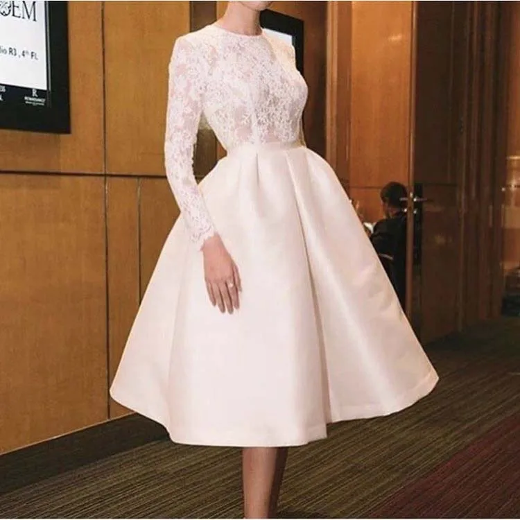 

Dubai Muslim Short Evening Dress Lace Jewel Full Sleeves Tea Length Formal Party Dresses Prom Gowns Vestidos De Noiva